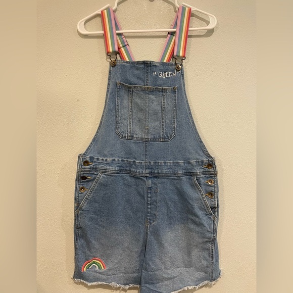 Denim Short Overalls with Raw edges with Rainbow Straps - Picture 1 of 5
